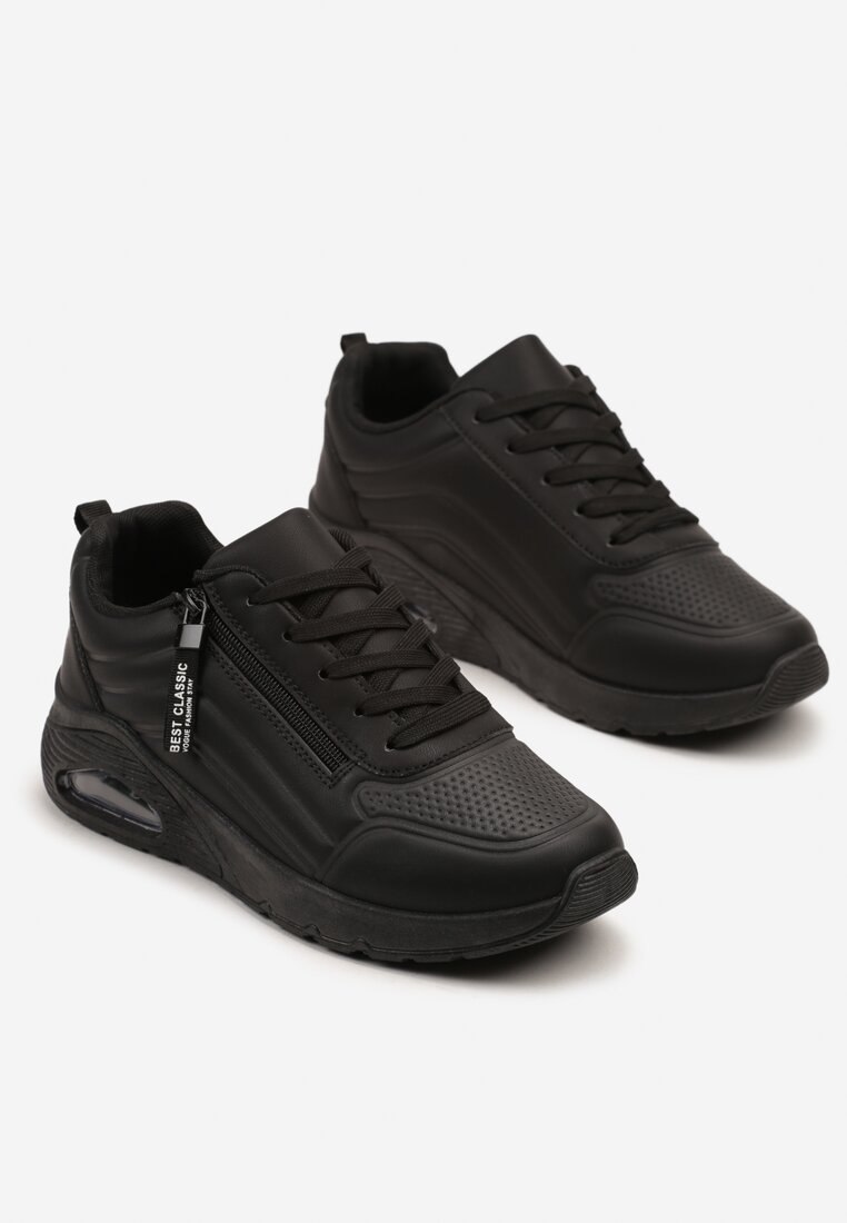 Czarne Sneakersy z Ozdobnym Suwakiem i Tłoczeniem Tosinelle