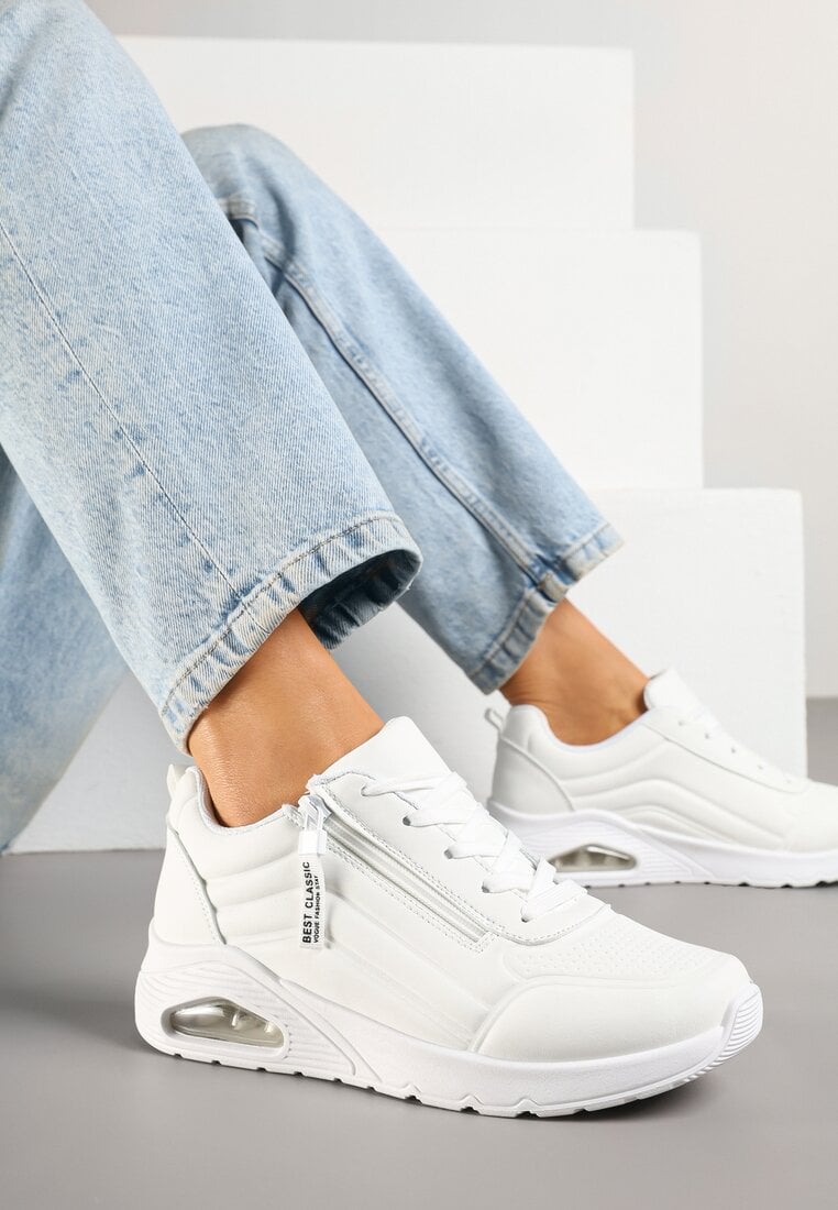 Białe Sneakersy z Ozdobnym Suwakiem i Tłoczeniem Tosinelle