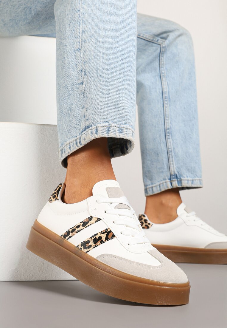 Białe Sneakersy Klasyczne Tenisówki Zdobione Wstawkami w Panterkę Nilenisse
