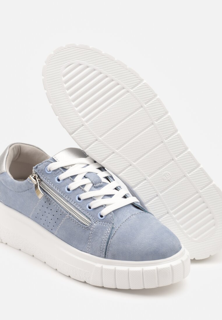 Niebieskie Skórzane Sneakersy na Grubej Podeszwie Ozdobione Perforacją Suwakiem Tellissa