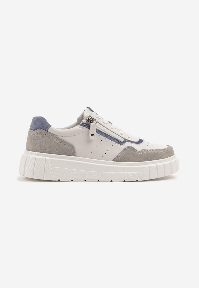 Białe Sneakersy Skórzane na Niskiej Platformie z Suwakiem Sorlane