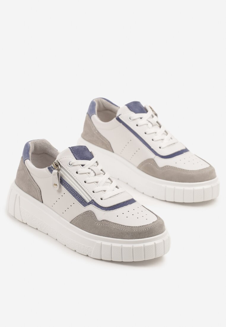 Białe Sneakersy Skórzane na Niskiej Platformie z Suwakiem Sorlane