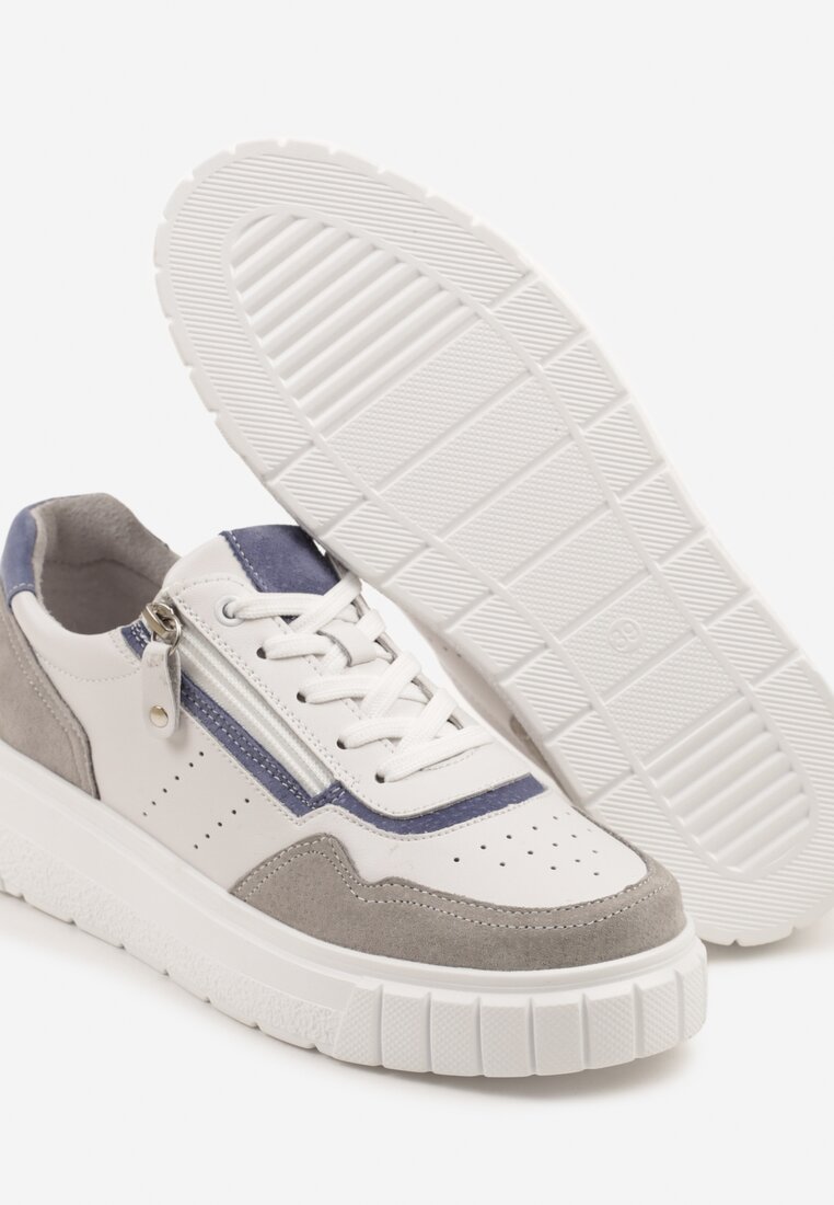 Białe Sneakersy Skórzane na Niskiej Platformie z Suwakiem Sorlane
