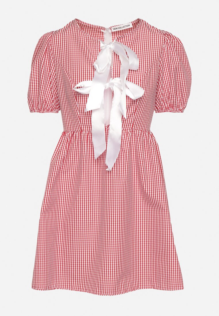 Czerwona Rozkloszowana Sukienka w Kratkę Vichy w Stylu Retro z Wiązaniem Telionea