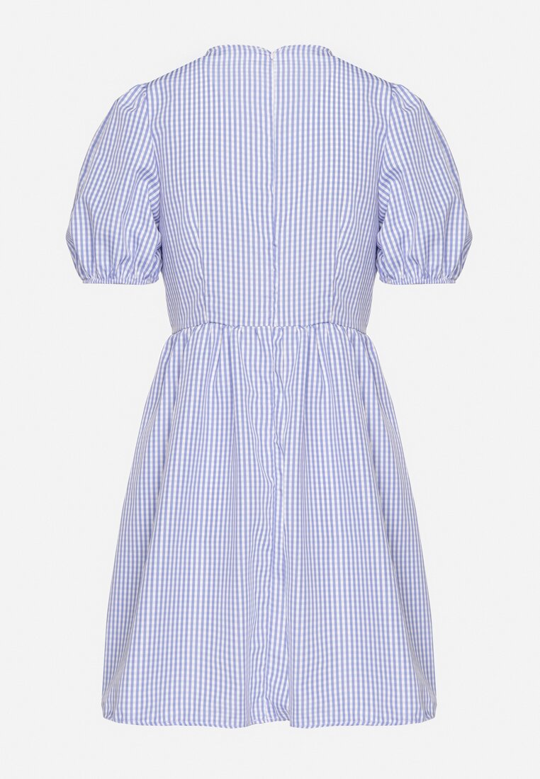 Jasnoniebieska Rozkloszowana Sukienka w Kratkę Vichy w Stylu Retro z Wiązaniem Telionea