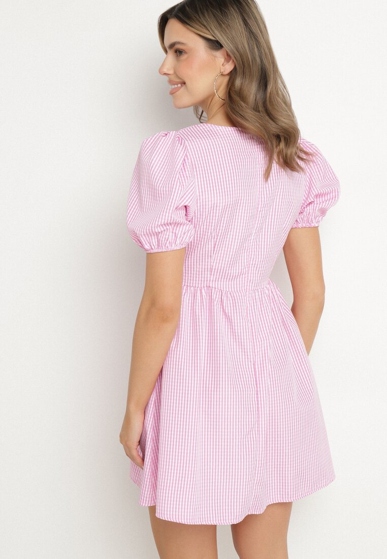 Różowa Rozkloszowana Sukienka w Kratkę Vichy w Stylu Retro z Wiązaniem Telionea