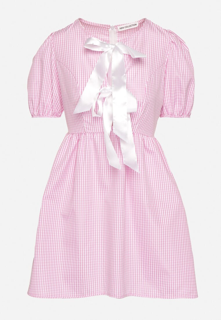Różowa Rozkloszowana Sukienka w Kratkę Vichy w Stylu Retro z Wiązaniem Telionea