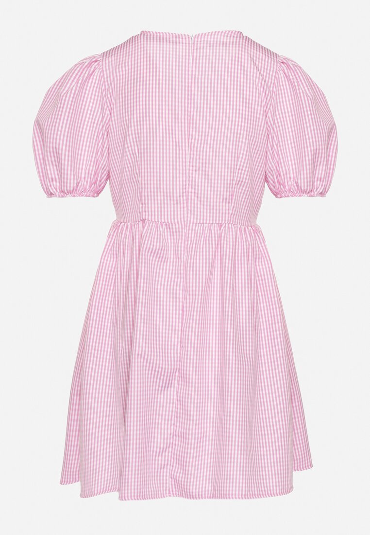 Różowa Rozkloszowana Sukienka w Kratkę Vichy w Stylu Retro z Wiązaniem Telionea
