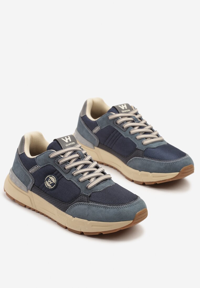Granatowe Skórzane Buty Sportowe Sneakersy z Naszywkami Tellirisse