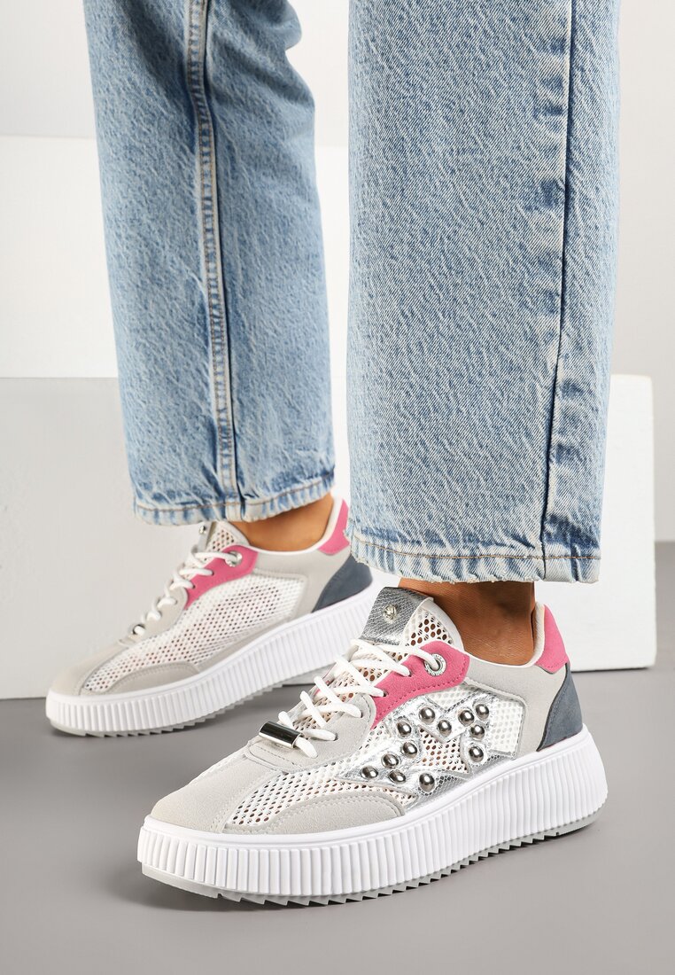 Szaro-Różowe Sneakersy z Nitami i Gwiazdą Viroti