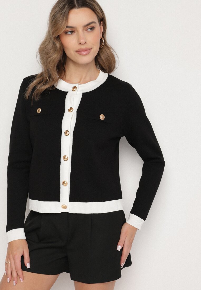 Czarny Sweter Kardigan z Wiskozą w Stylu Retro z Ozdobnymi Guzikami Terolea