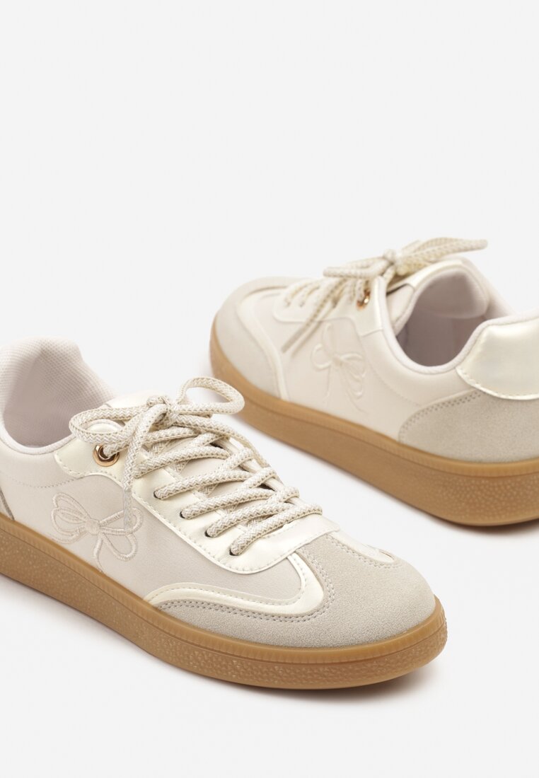 Beżowe Sneakersy w Stylu Tenisówek z Motywem Kokardy Marvinela