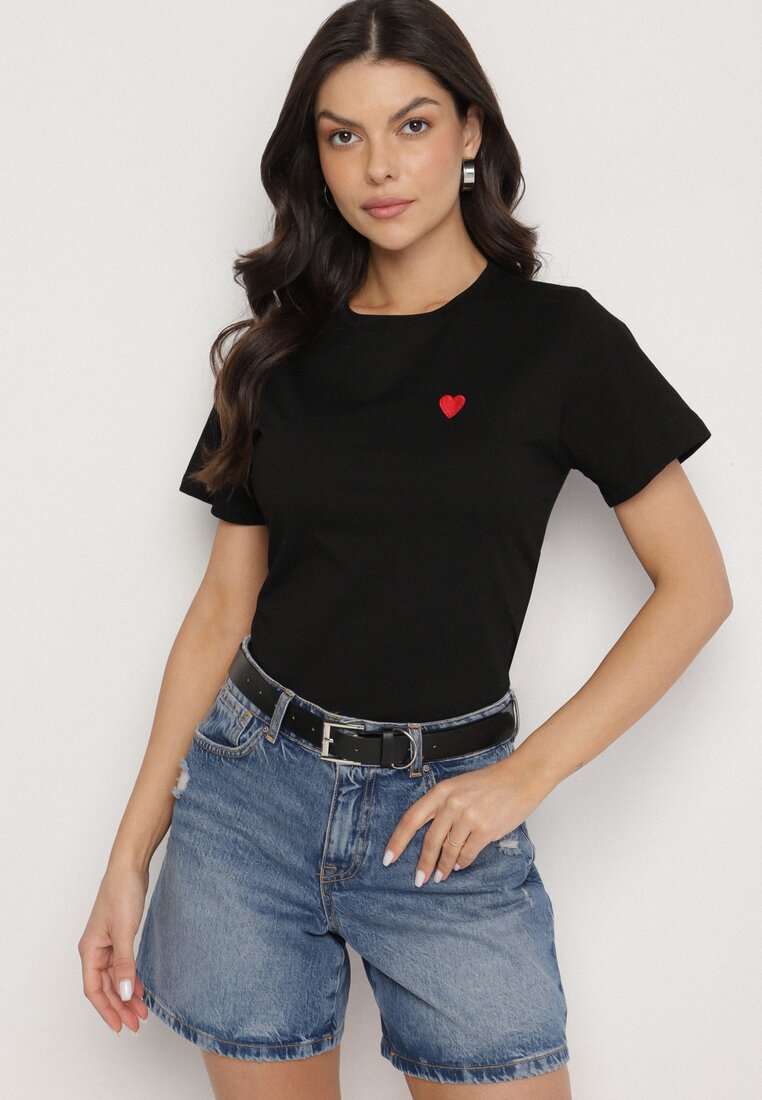 Czarny T-shirt z Bawełny z Krótkim Rękawem i Naszywką w Kształcie Serca Viketta