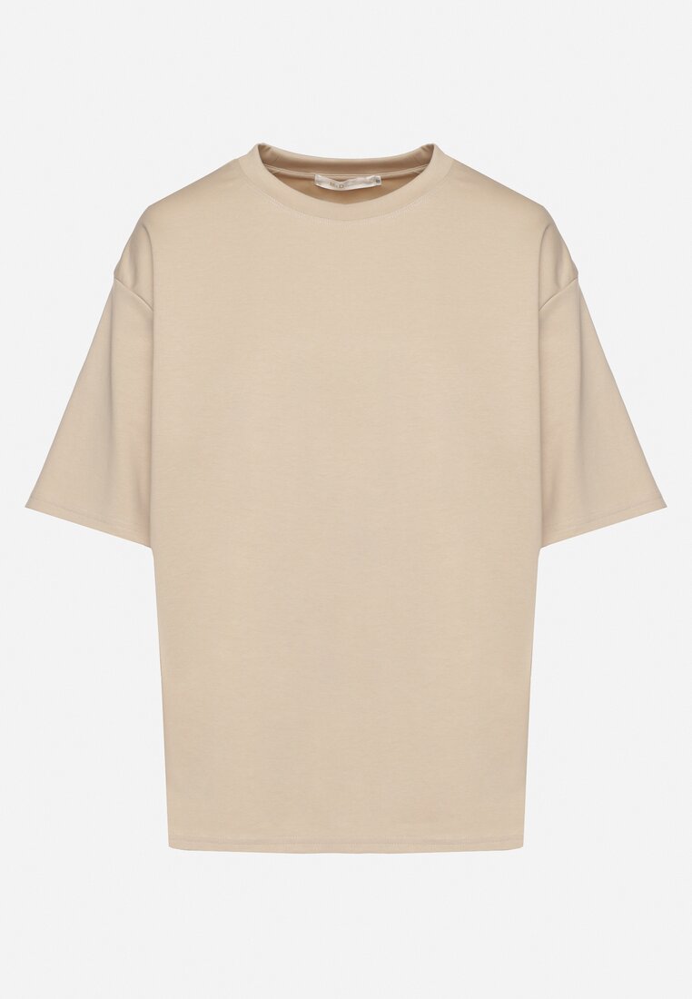 Jasnobeżowy T-shirt z Bawełną w Klasycznym Stylu Meravia
