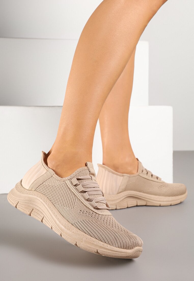 Ciemnobeżowe Siateczkowe Buty Sportowe Sneakersy Wsuwane z Ozdobnym Sznurowaniem Terelea