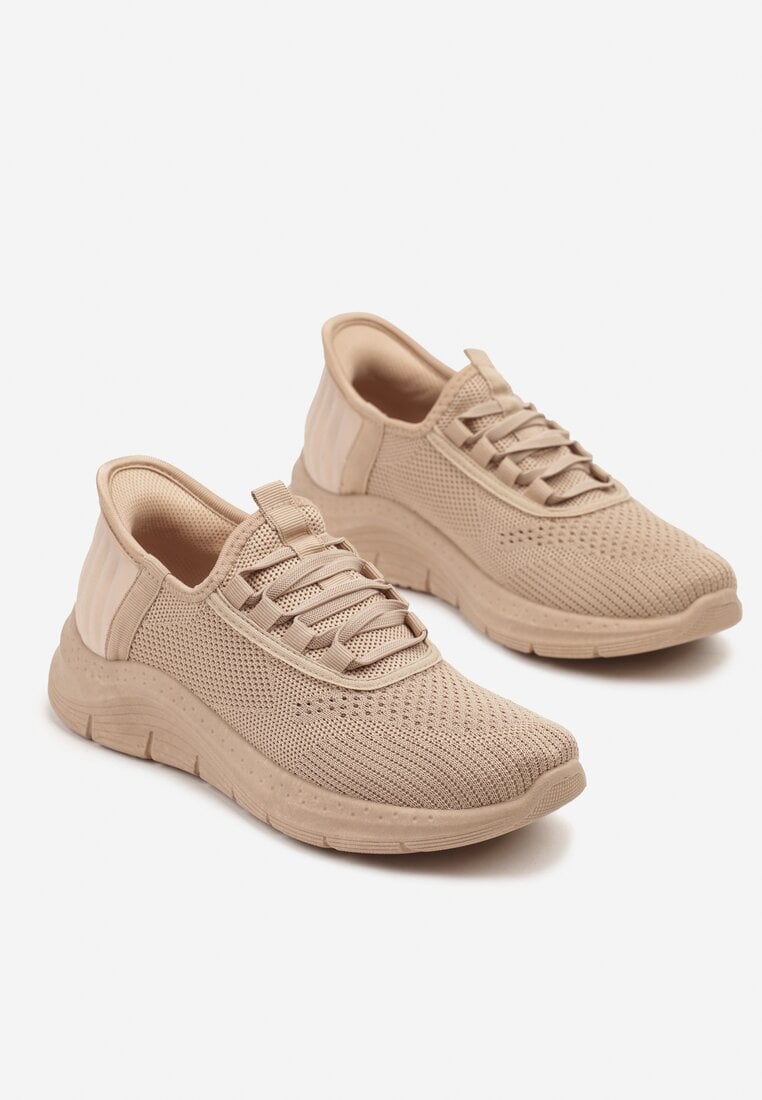 Ciemnobeżowe Siateczkowe Buty Sportowe Sneakersy Wsuwane z Ozdobnym Sznurowaniem Terelea