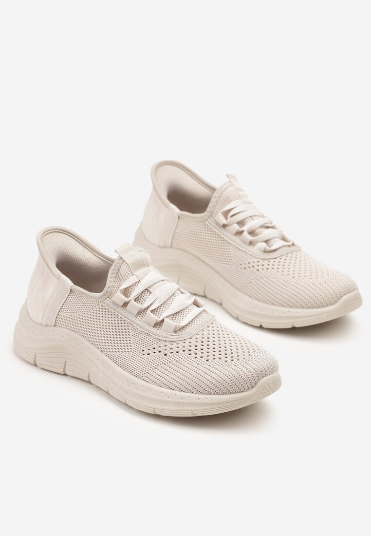 Jasnobeżowe Siateczkowe Buty Sportowe Sneakersy Wsuwane z Ozdobnym Sznurowaniem Terelea