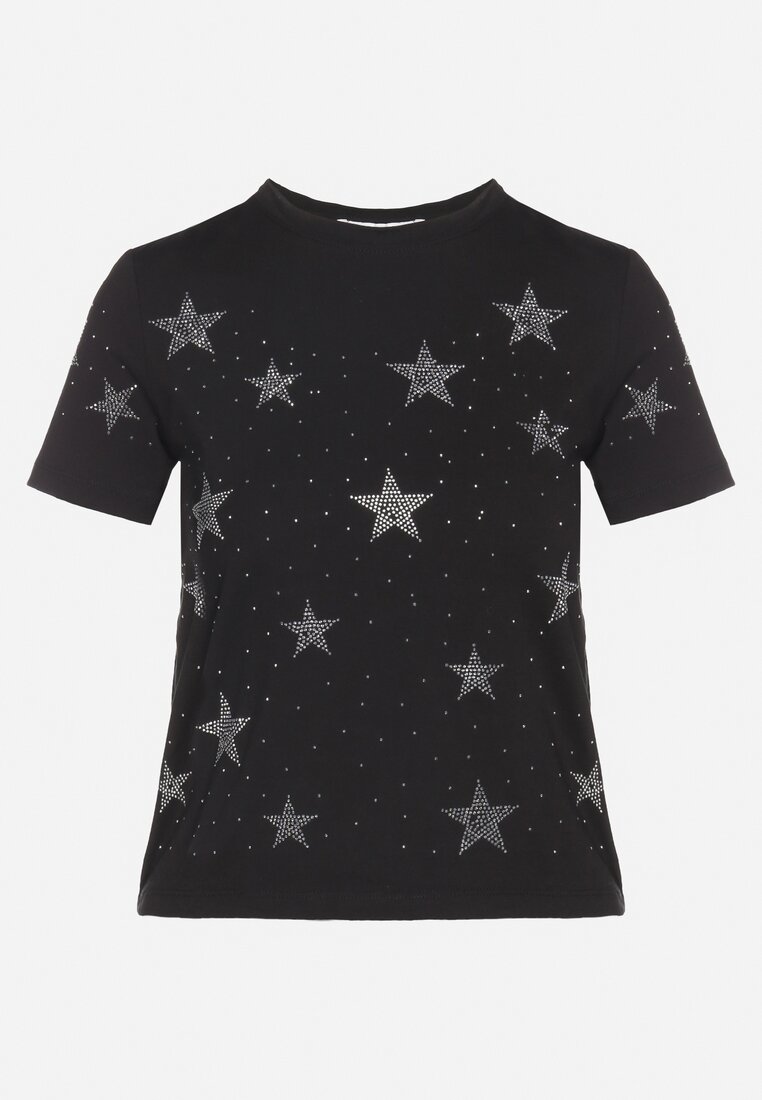 Czarny Bawełniany T-shirt z Cyrkoniowymi Aplikacjami w Gwiazdki Tenivella