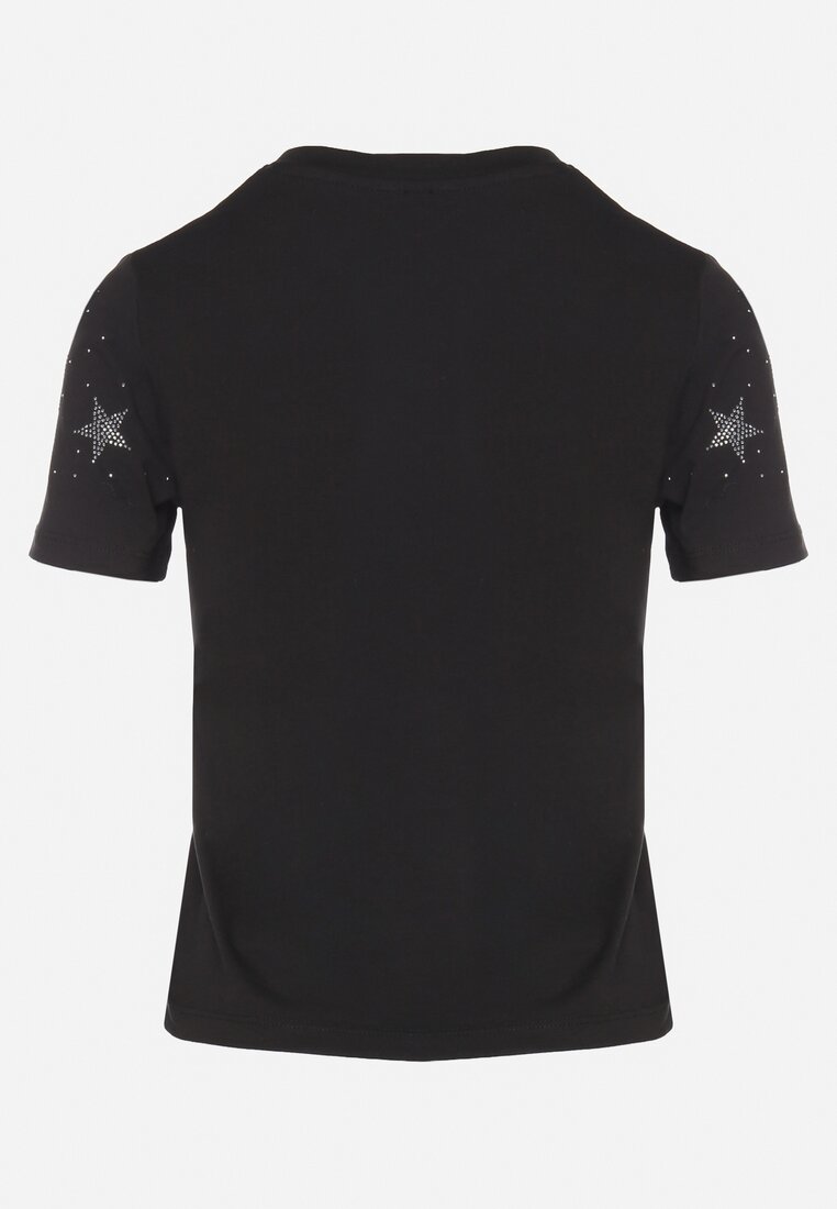 Czarny Bawełniany T-shirt z Cyrkoniowymi Aplikacjami w Gwiazdki Tenivella