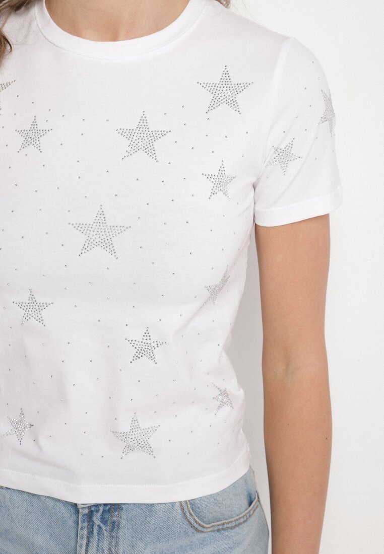 Biały Bawełniany T-shirt z Cyrkoniowymi Aplikacjami w Gwiazdki Tenivella