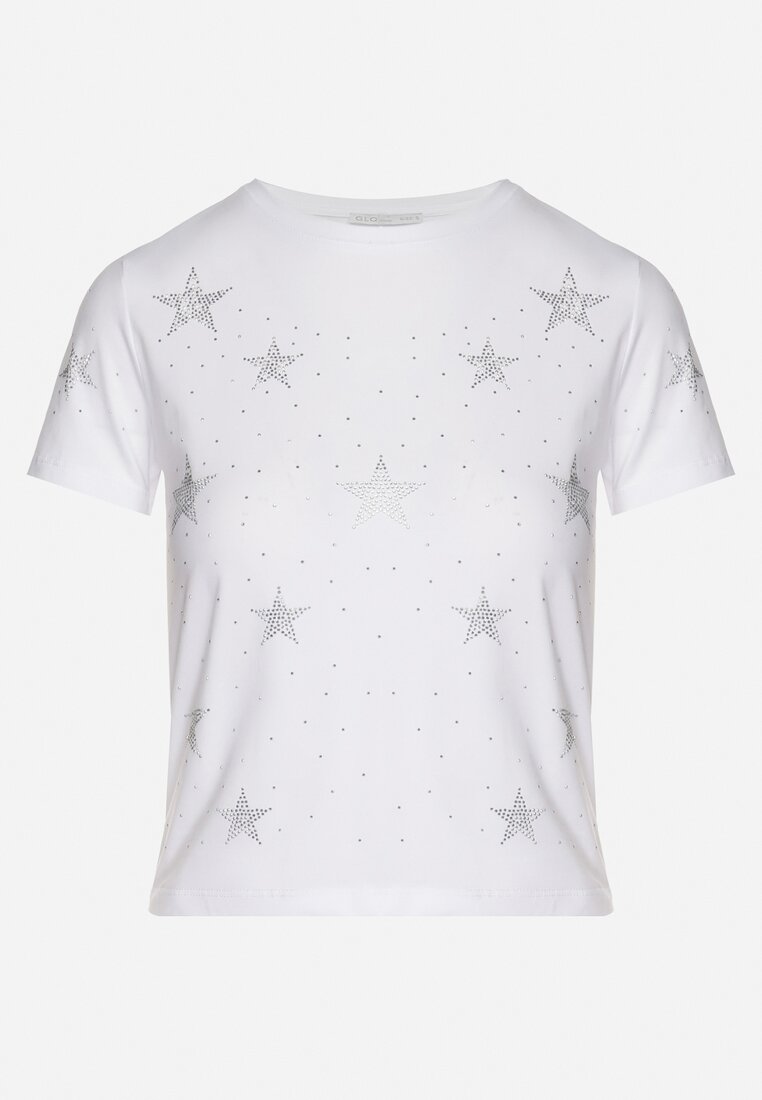 Biały Bawełniany T-shirt z Cyrkoniowymi Aplikacjami w Gwiazdki Tenivella