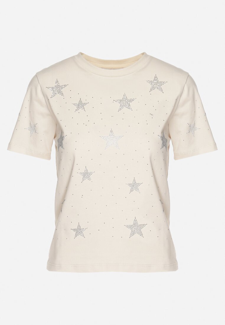 Beżowy Bawełniany T-shirt z Cyrkoniowymi Aplikacjami w Gwiazdki Tenivella