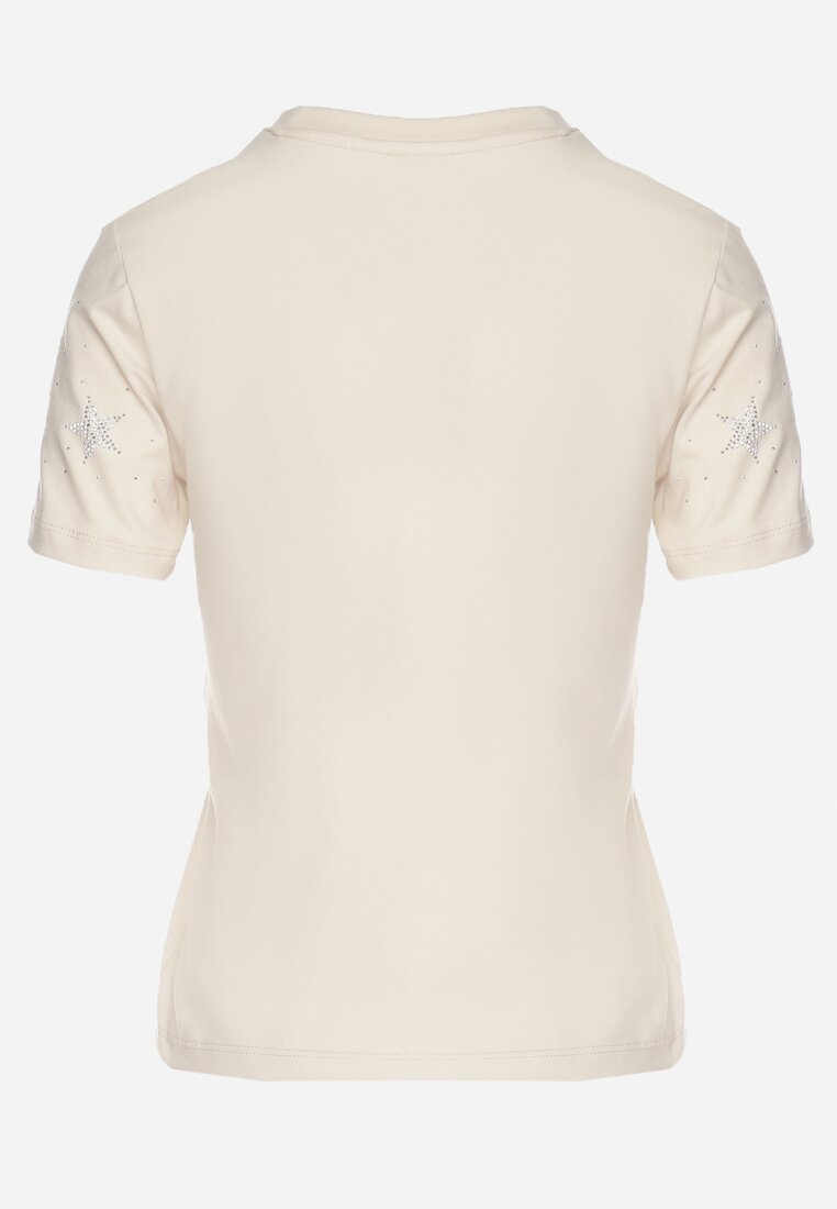 Beżowy Bawełniany T-shirt z Cyrkoniowymi Aplikacjami w Gwiazdki Tenivella