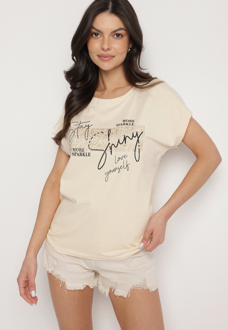 Beżowy T-shirt z Bawełny Typu Nietoperz z Cyrkoniami i Perełkami Linellis