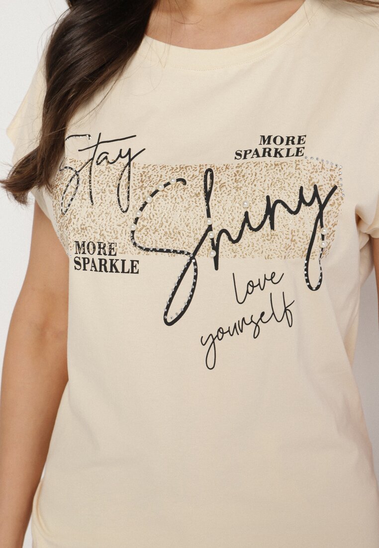 Beżowy T-shirt z Bawełny Typu Nietoperz z Cyrkoniami i Perełkami Linellis
