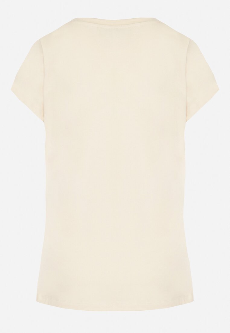 Beżowy T-shirt z Bawełny Typu Nietoperz z Cyrkoniami i Perełkami Linellis