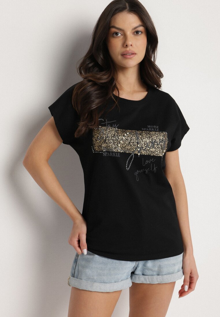 Czarny T-shirt z Bawełny Typu Nietoperz z Cyrkoniami i Perełkami Linellis