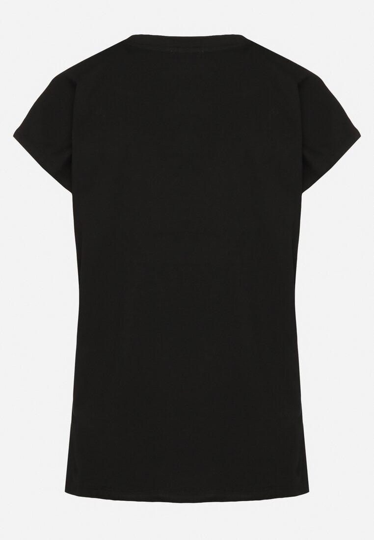 Czarny T-shirt z Bawełny Typu Nietoperz z Cyrkoniami i Perełkami Linellis
