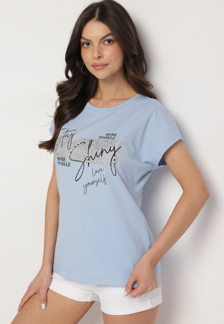 Jasnoniebieski T-shirt z Bawełny Typu Nietoperz z Cyrkoniami i Perełkami Linellis