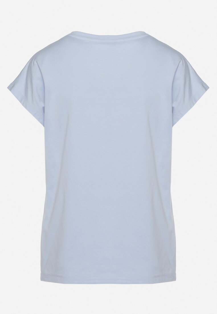 Jasnoniebieski T-shirt z Bawełny Typu Nietoperz z Cyrkoniami i Perełkami Linellis