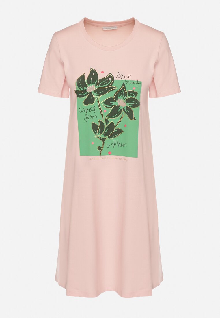 Różowa Bawełniana Sukienka o Kroju Typu T-shirt Zdobiona Nadrukiem Nevolira