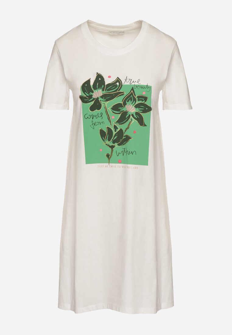 Biała Bawełniana Sukienka o Kroju Typu T-shirt Zdobiona Nadrukiem Nevolira