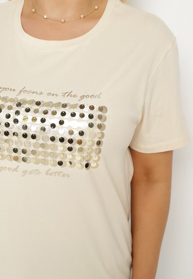 Beżowy T-shirt Bawełniany Ozdobiony Cekinami Lirenell
