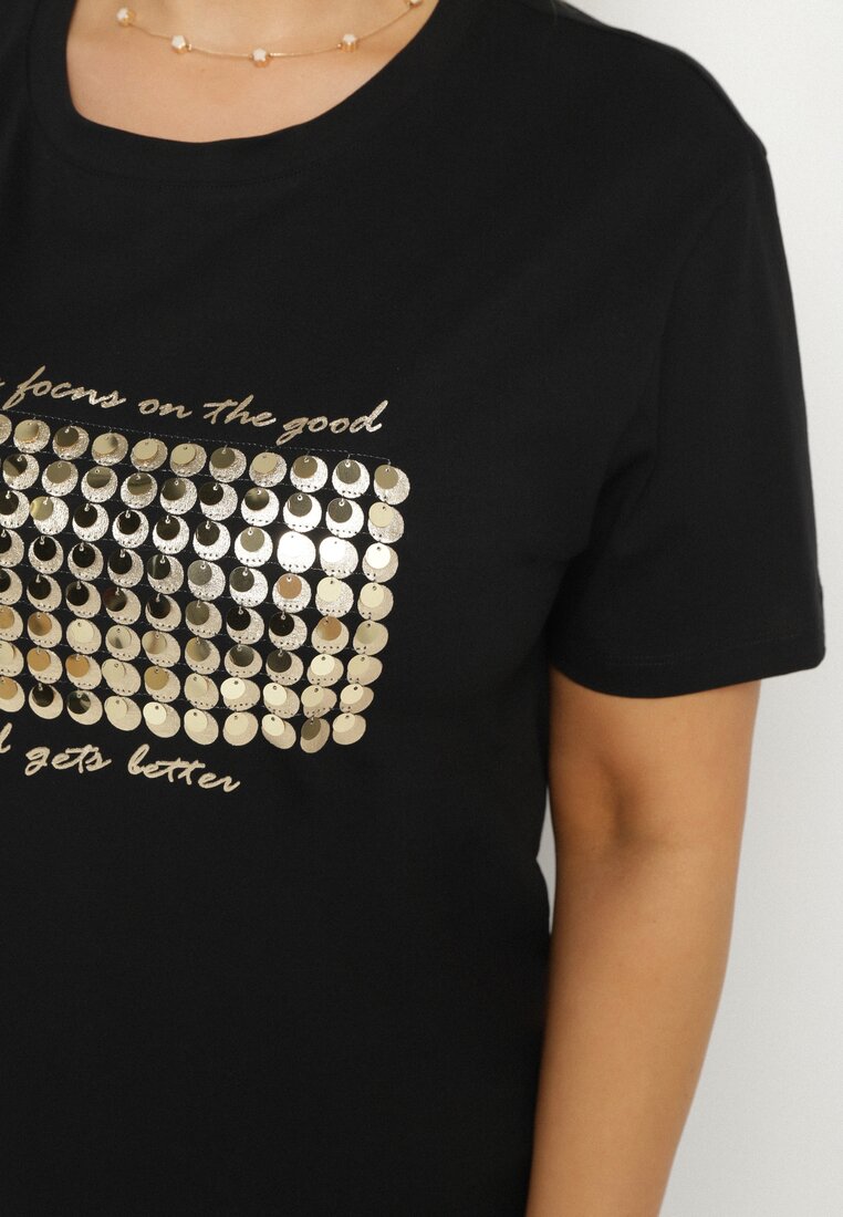 Czarny T-shirt Bawełniany Ozdobiony Cekinami Lirenell