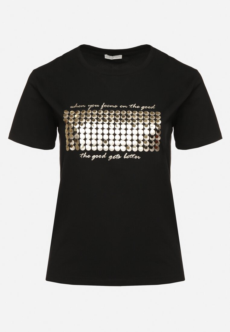 Czarny T-shirt Bawełniany Ozdobiony Cekinami Lirenell
