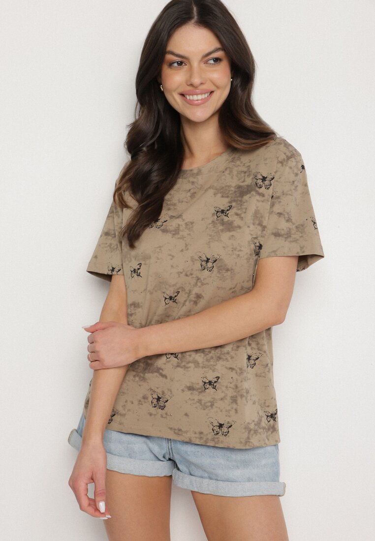 Ciemnobeżowy T-shirt Bawełniany w Print w Motylki Tenorea