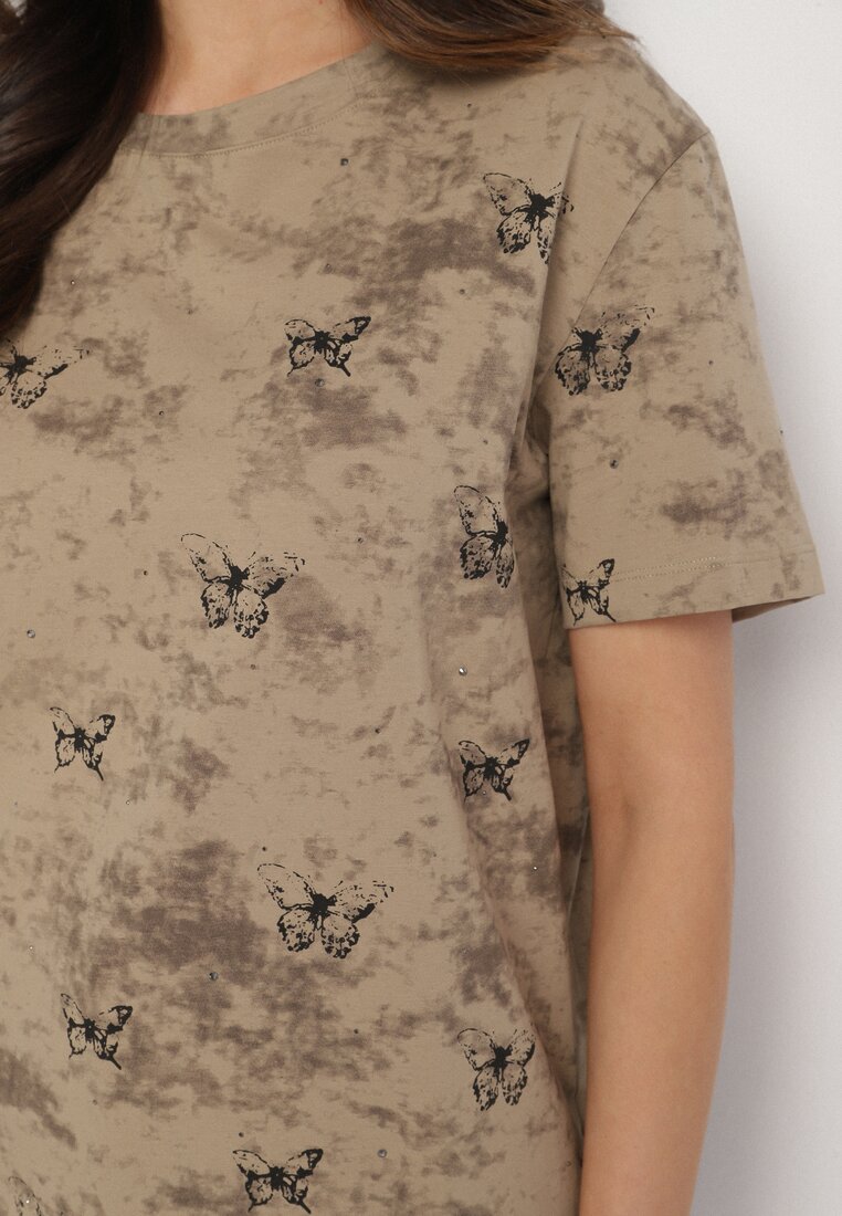 Ciemnobeżowy T-shirt Bawełniany w Print w Motylki Tenorea