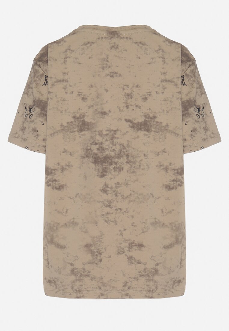 Ciemnobeżowy T-shirt Bawełniany w Print w Motylki Tenorea