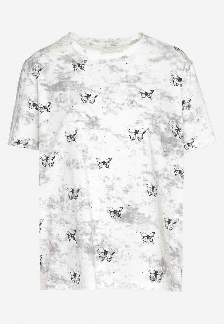 Biały T-shirt Bawełniany w Print w Motylki Tenorea