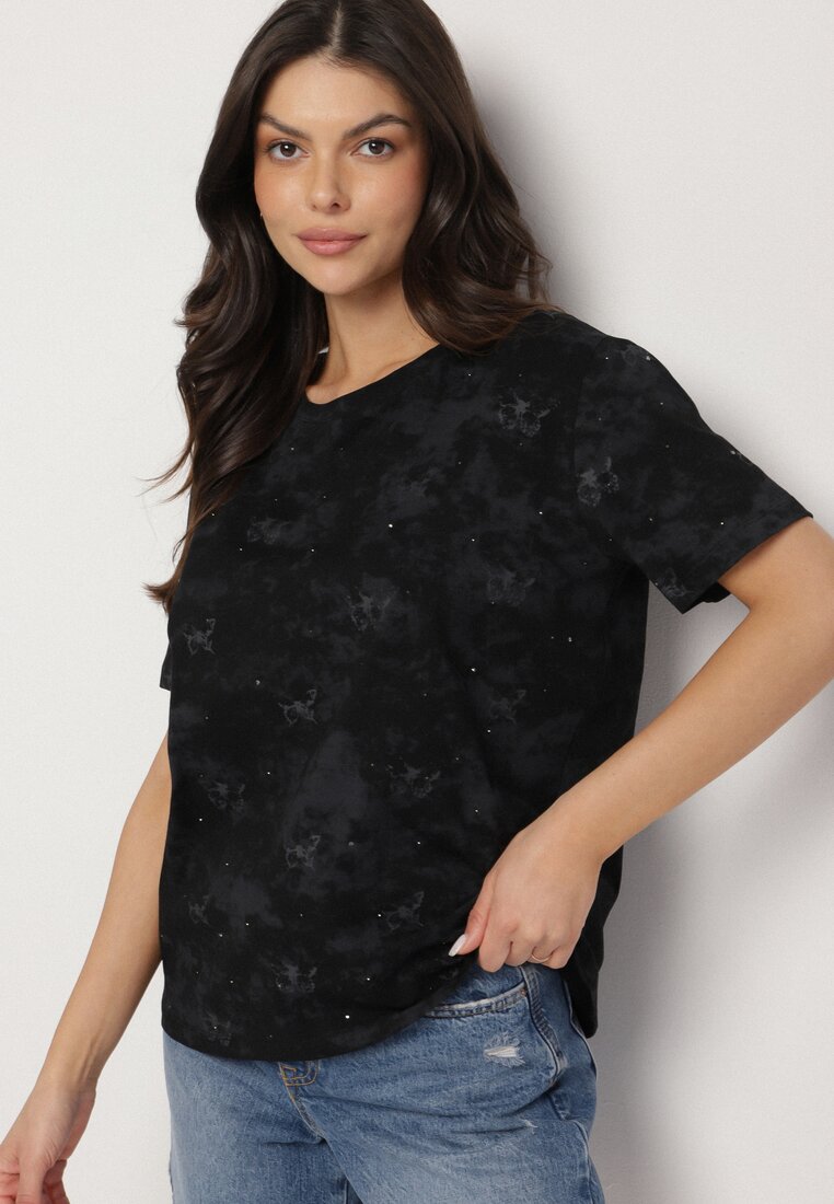 Czarny T-shirt Bawełniany w Print w Motylki Tenorea