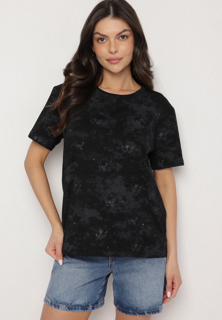 Czarny T-shirt Bawełniany w Print w Motylki Tenorea