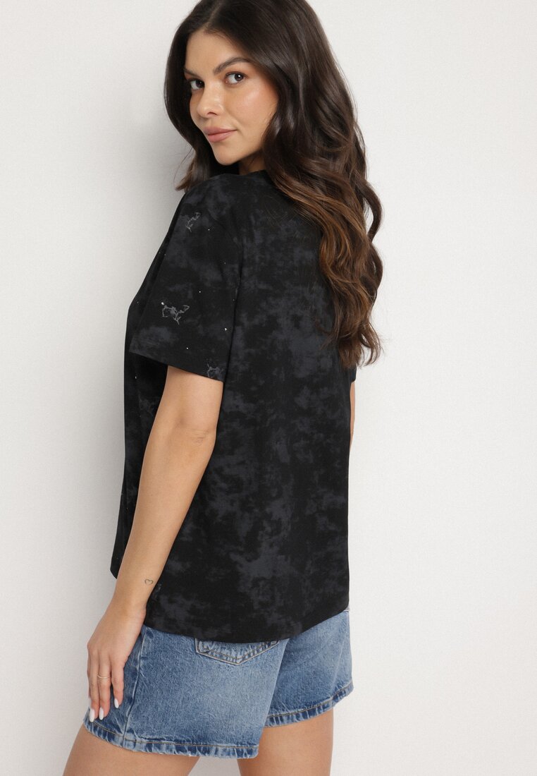 Czarny T-shirt Bawełniany w Print w Motylki Tenorea
