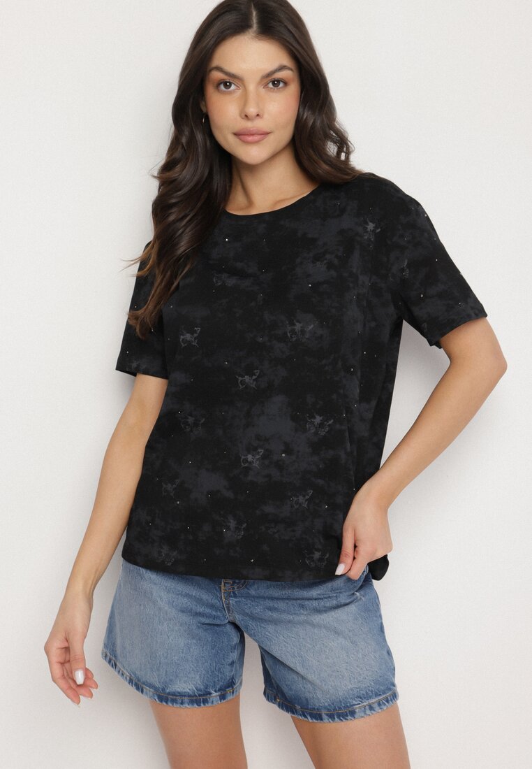 Czarny T-shirt Bawełniany w Print w Motylki Tenorea