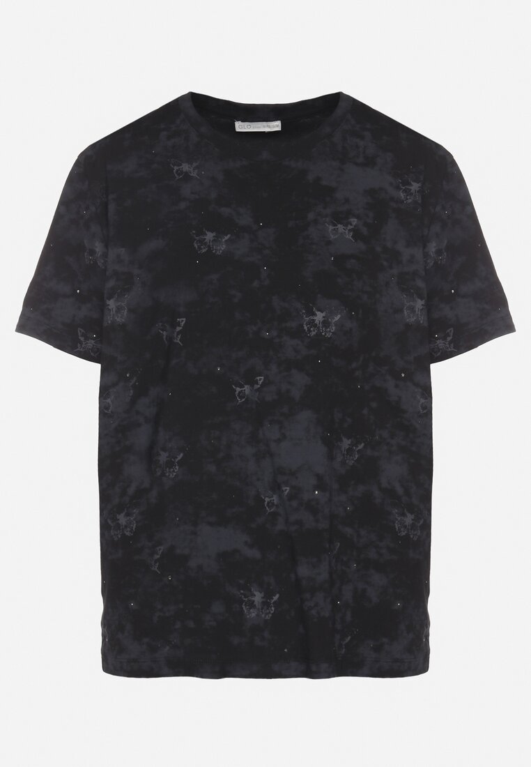 Czarny T-shirt Bawełniany w Print w Motylki Tenorea