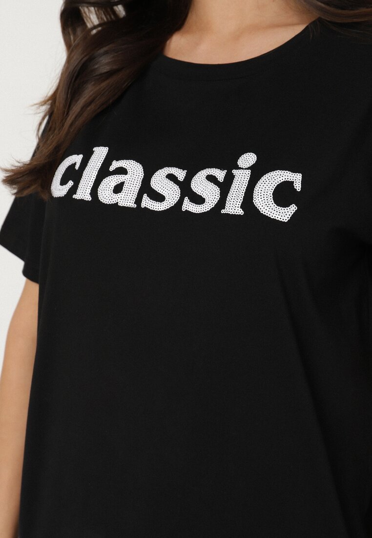 Czarny T-shirt z Bawełny z Aplikacją z Cyrkoniami Deraine