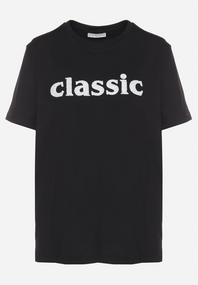 Czarny T-shirt z Bawełny z Aplikacją z Cyrkoniami Deraine
